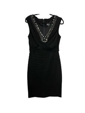 Adrianna Papell Black Tiered Beaded Bodycon Criss Cross Cocktail Dress, Size 10